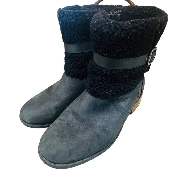 UGG Women Blayre II Shearling Genuine Cuff Suede Boots 1008220 Black 9.5 Snow - Picture 3 of 14